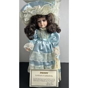 Seymour Mann Porcelain Doll, NIB, 18'' Blue Victorian Dress With Pearls Laura
